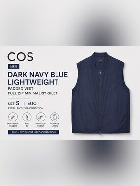 COS Mens Dark Navy Blue Lightweight
Padded Vest Full Zip Minimalist Gilet Size S
